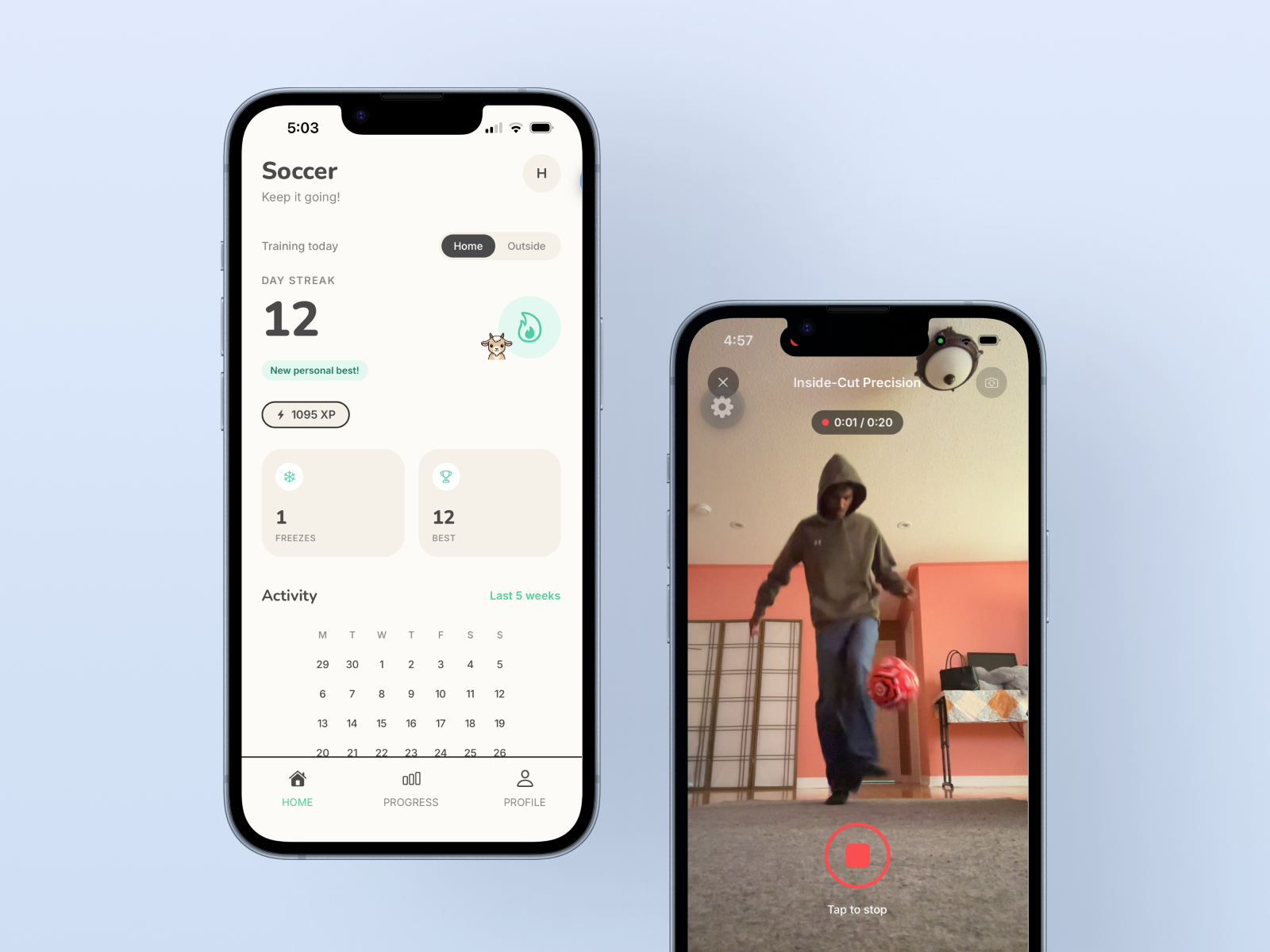 Mejora app showing a dashboard and a drill being recorded