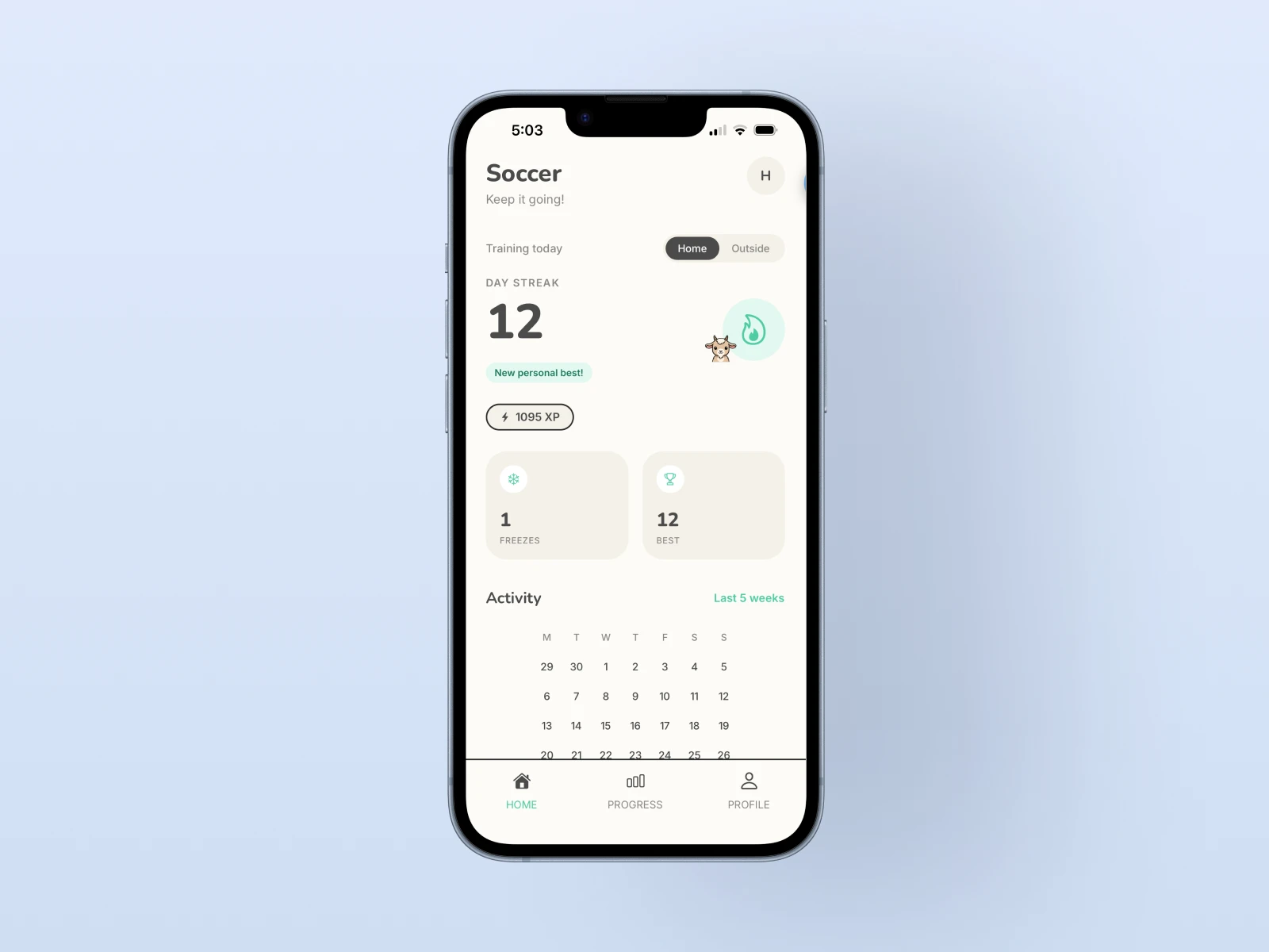 Mejora dashboard showing a 12-day streak